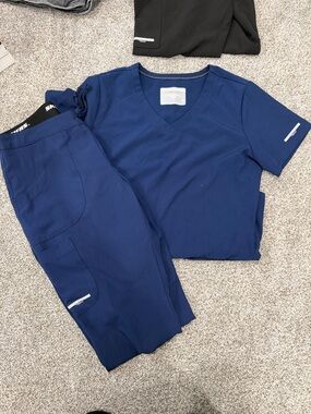 Navy Blue Medical Scrub Set - V-Neck Top & Drawstring Pants